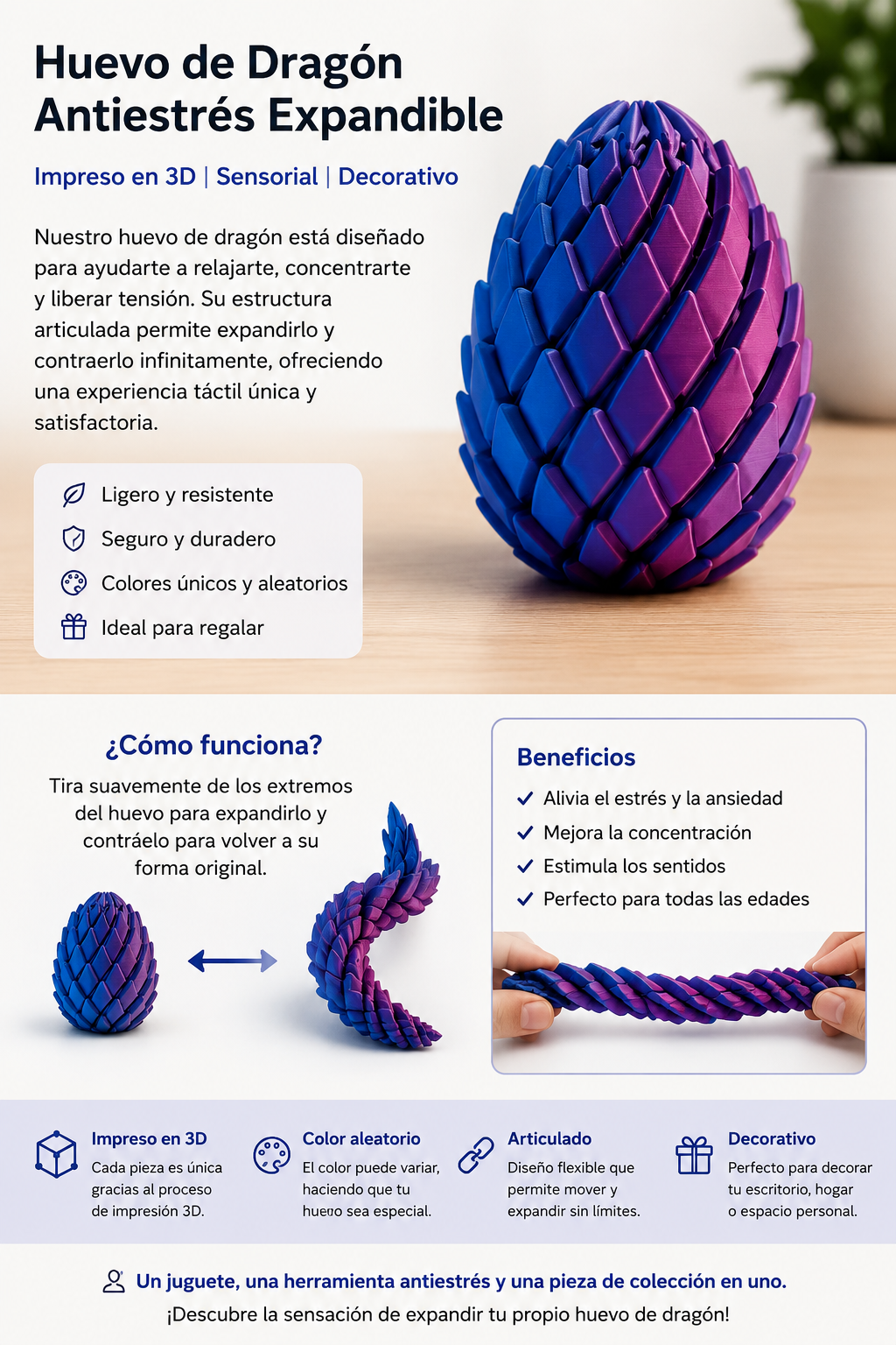 🐉 Huevo de Dragón Antiestrés Expandible – Impreso en 3D
